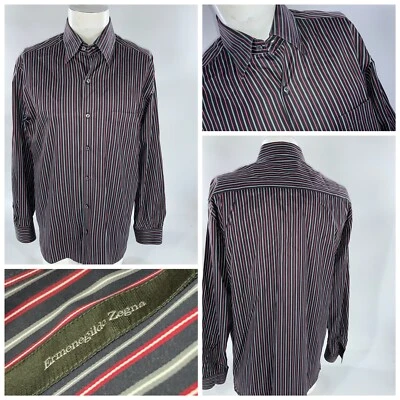 Camisa Ermenegildo Zegna Manga Larga Botones L Gris Rojo Rayas Pavo YGI H2-186 Foto 1 de 4
