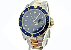 Rolex Submariner Date Mens 18k Yellow Gold Stainless Steel Blue Sub Watch 16613 - Picture 1 of 7