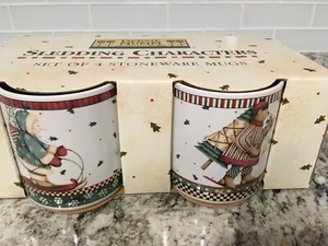 Debbie Mumm Set of 4 Sledding Characters Stoneware Mugs Cups Sakura NIB - Picture 1 of 4