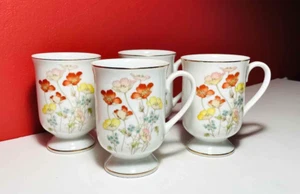 Vintage • 4• White Porcelain Pedestal Cups Mug Fanci Florals Painted Poppy Japan - Picture 1 of 8