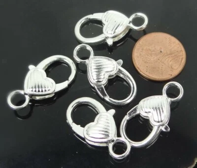 4 Large Silver Plated Pewter Striped Heart Lobster Claw Clasps 27x13mm  - Image 1 of 2
