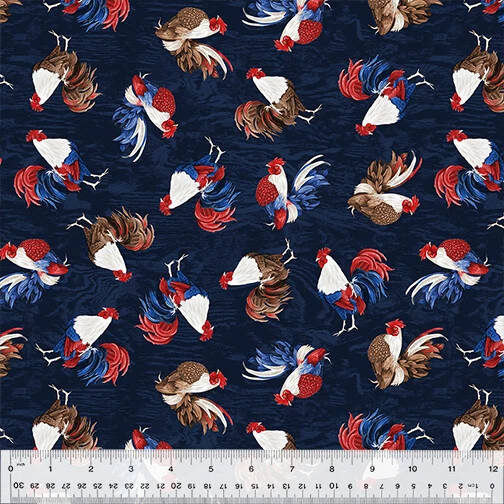 Patriotic Fabric | Free Range Rooster Toss Dark Blue | Windham YARD Foto 1 de 1