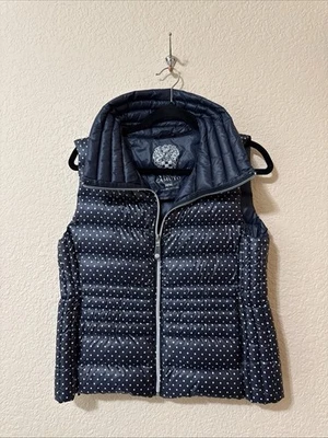 Chaleco acolchado para mujer VINCE CAMUTO azul marino y blanco a lunares, relleno de plumón, talla M Foto 1 de 4