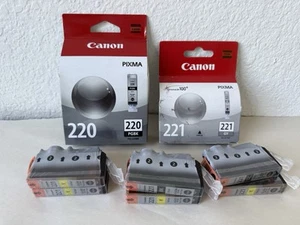 Lot 8 Genuine Canon CLI-221 & PGI- 220 Ink Cartridges Black Yellow Gray NEW - Picture 1 of 4