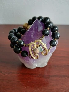 Bracciale Vintage Lisner Tono Oro e Nero 7,5 Firmato Gioielli - Foto 1 di 3