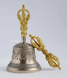 Tibetan 7.25" Vajra Ghanta Set Bronze Alloy with Gold Plated from Patan, Nepal - Picture 1 of 10