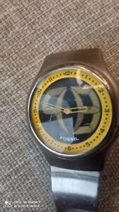 Fossil Big Tic Watch Men Silver Tone Yellow Dial Analog Digital 39mm New Battery