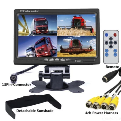 7" Quad Monitor Splitscreen 4ch 4Pin Video in 12v 24v IR Remote For Car Truck Rv - Image 1 of 4