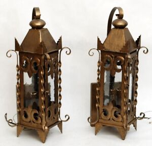Pair Vintage Antique Sconces - Spanish Revival Gothic Tudor Wrought Iron & Glass