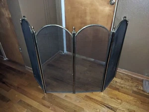 Vintage Brass Folding Fireplace Screen w/Black Mesh 4 Panels 33.5" Tall 1960s - Picture 1 of 9