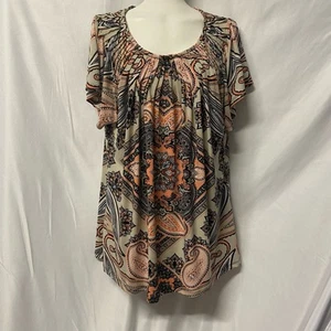Style & Company Top Paisley Peach Pleated Round Neck Size L - Picture 1 of 8