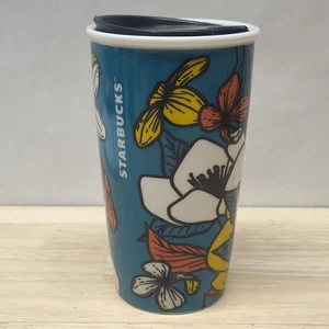 Starbucks Blue Poppy Floral Ceramic Coffee Tumbler 12 oz. Travel Cup w/Lid - Picture 1 of 8
