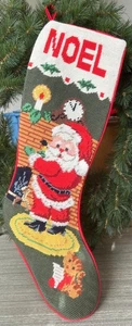 Vintage 1960s-70s Noel Christmas Santa Stocking Needlepoint Wool/Cotton 19in - Picture 1 of 8