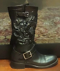 VALENTINO Garavani 37 (6.5) BLACK LEATHER Flower STUDS BIKER RIDING MOTO BOOTS - Picture 1 of 10
