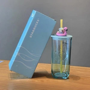 Starbucks 2025 China Summer Blue Flamingo Bear Triangle 12oz Glass Cup - Picture 1 of 2