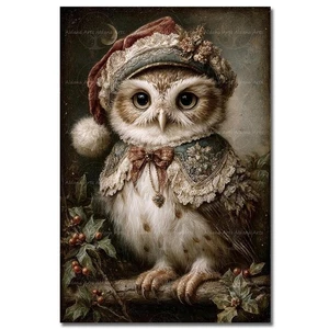 VICTORIAN CHRISTMAS OWL ART PRINT, Santa Hat Decor Fantasy Holiday Bird Poster - Picture 1 of 2