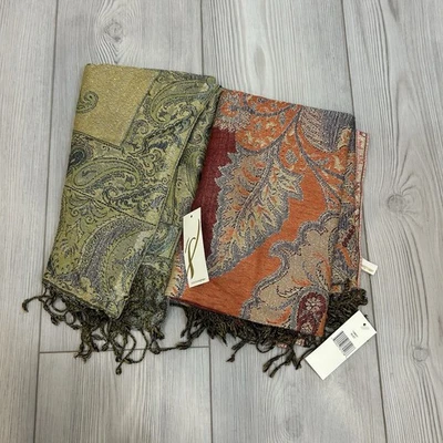Lote de 2 Bufandas Paisley Flecos 80" X 26” Mantón Rayón Colección Dieciocho 18 Nuevas con Etiquetas Foto 1 de 4