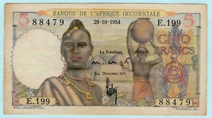 French West Africa 1954 Banknote 5 Francs, P-36 African Woman / Men in Longboats - Picture 1 of 2