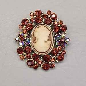 Vintage Cameo Brooch Brown Rhinestones AB Oval Gold Tone 2" - Picture 1 of 14