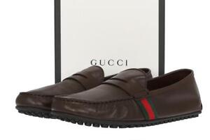 NEW GUCCI LUXURY BROWN UNLINED LEATHER WEB DRIVER MOCCASINS SHOES 12/US 12.5