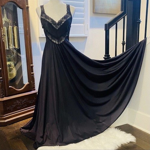 UNDERCOVER Maxi abito slip anni 80 sottocoperta nylon pizzo nero full sweep vintage M T