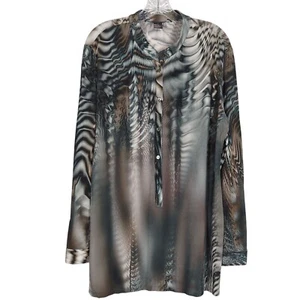 Yansi Fugel Vintage Tunic Abstract Print gray tan Long-Sleeve half Button-Up L - Picture 1 of 12