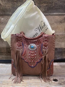 American West, Genuine Leather Concealed Carry Handbag with Wallet, Brown Fringe - Picture 1 of 10