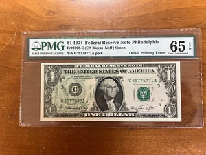 1974 1$ F R Note Philadelphia PMG 65 EPQ Offset Printing of Back to Front Error - Picture 1 of 5