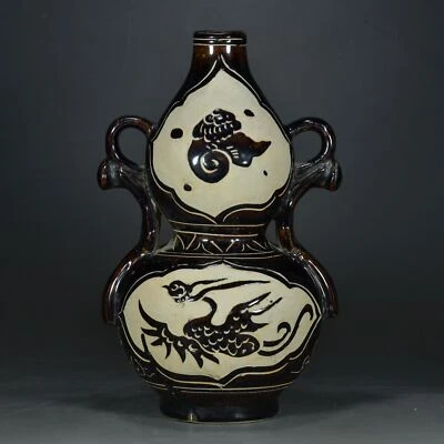 11-дюймовая китайская антикварная бутылка тыквы с узором феникса из черного золота династии Юань - Изображение 1 из 4