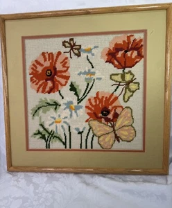 VTG Framed Cross Stitch Flowers Floral Orange Yellows Butterflies Needle Point - Picture 1 of 12
