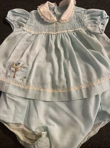 Conjunto de Vestido Bebé Infantil Vintage Azul Bordado Calado Años 60’s Pantalones de Goma - Imagen 1 de 12