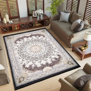 Alfombra clásica salón antideslizante marrón crema roseta adornos lavable - Imagen 1 de 13