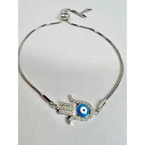 Hamsa Hand Evil Eye Bracelet 925 Silver Fatima Adjustable Charm CZ Stones NEW - Picture 1 of 2