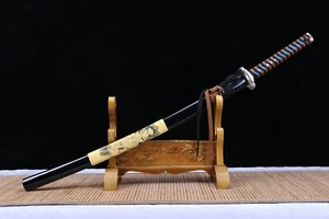 Katana Sword Bright Silver Gold Wire Carving Pattern Ancient Method Forging - Picture 1 of 11