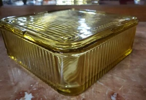 Vintage Federal Amber Glass Ribbed Refrigerator Dish 8-1/2" Square with Lid Wow! - Picture 1 of 8