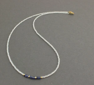 Collana Di Pietra Luna Arcobaleno Con Zaffiro Blu Lavorata A Mano 50 Cm - Foto 1 di 2