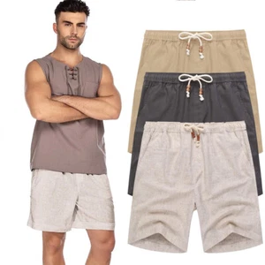 Men's Summer Beach Shorts: Casual Linen, Elastic Waist, Drawstring Comfort - Picture 1 of 23