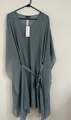 EILEEN FISHER BLUE STEEL SHEER SILK GEORGETTE CAFTAN DRESS + CAMI SIZE XL $418 - Image 1 of 4