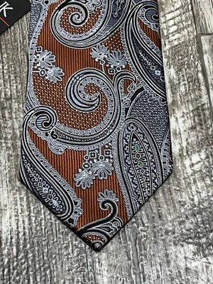 Corbata De Colección Jos A Bank Larga Marrón Gris Seda Patrón Paisley Hecha a Mano Firma Foto 1 de 4