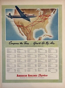 1945 American Airlines Vintage Print Berson Art U.S. Route Map Air Fare Chart - Picture 1 of 1
