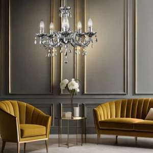 Lampadario Sospensione Luce Sala da Pranzo 5 Fiamma Cristallo Cromo D 44 CM - Foto 1 di 12