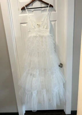 Maxi Vestido Anthropologie MABLE Blanco Boho Boda Tul Niveles Profundo V Mediano Nuevo con Etiquetas Foto 1 de 4
