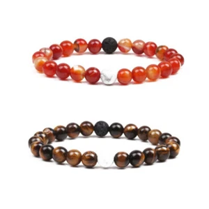 2Pcs 6-10mm Red Striped Agate Yellow Tiger's Eye Round Gems Beads Bracelet 7.5'' - Picture 1 of 12