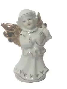 Statuina natalizia vintage ANGELO porcellana bianca e oro 4 pollici festa - Foto 1 di 7