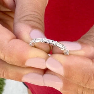 Round And Baguettes Cut CVD Diamond Band 14k Solid White Gold Minimalist 0.30ctw - Picture 1 of 12