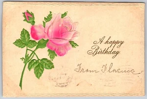Postcard A Happy Birthday Airbrushed Pink Rose Embossed 1909 - Picture 1 of 2