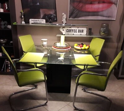 Designer-Esstisch, Glasplatte, Chrom, Gestell Marmor, schwarz - Bild 1 von 4