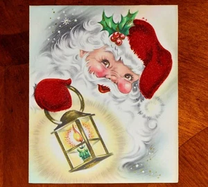 Vintage UNUSED Christmas Card RED FLOCKED JOLLY CHEERY SANTA with LANTERN - Picture 1 of 4