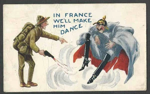 DATE 1918 PPC* VINTAGE WWI POLITICAL HUMOR SOLDIER MAKING HUN DANCE SEE INFO - Picture 1 of 1