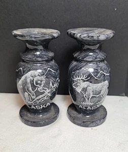 Alaska Grey and Black Etched Bear And Moose Marble Vase, 4” Tall - Picture 1 of 6